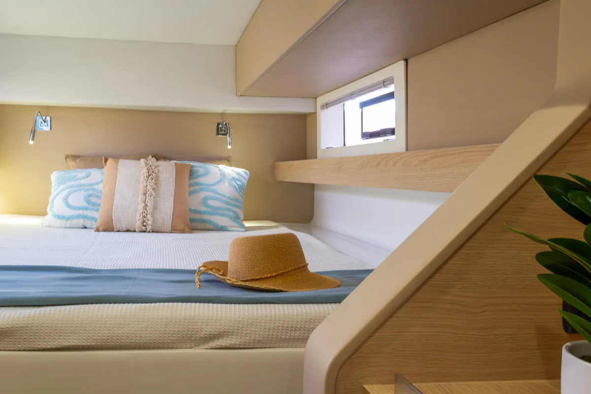 Cabin on Flor de Ibiza, a Aventura 37 catamaran at Dénia, Spain