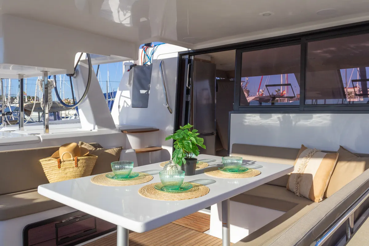 Deck of Flor de Ibiza, a Aventura 37 catamaran at Dénia, Spain