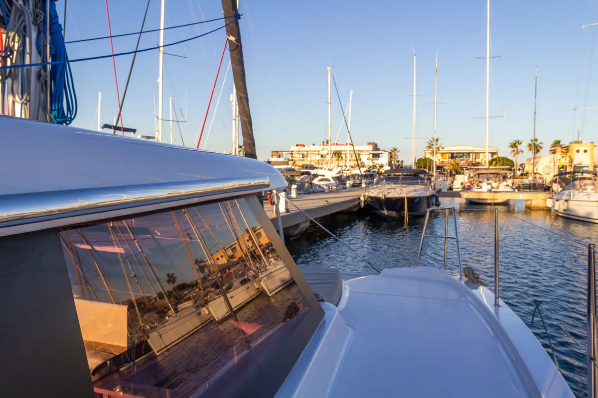 Deck of Flor de Ibiza, a Aventura 37 catamaran at Dénia, Spain