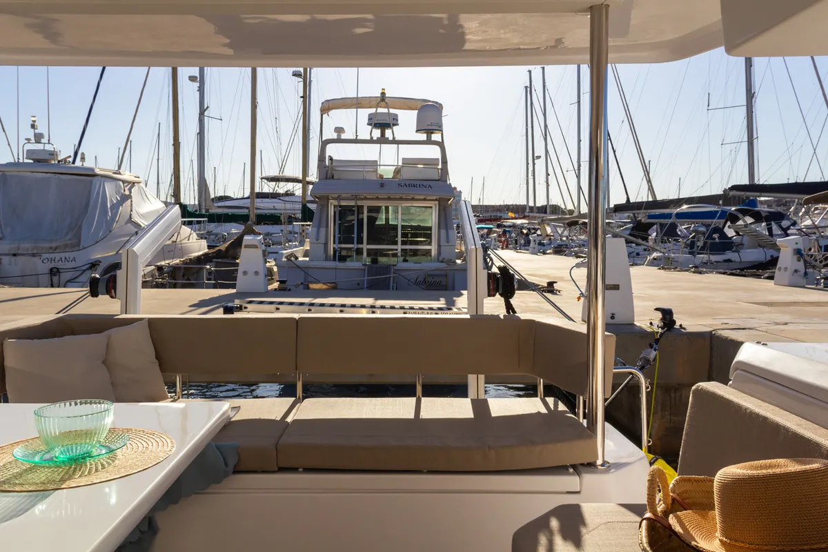 Deck of Flor de Ibiza, a Aventura 37 catamaran at Dénia, Spain