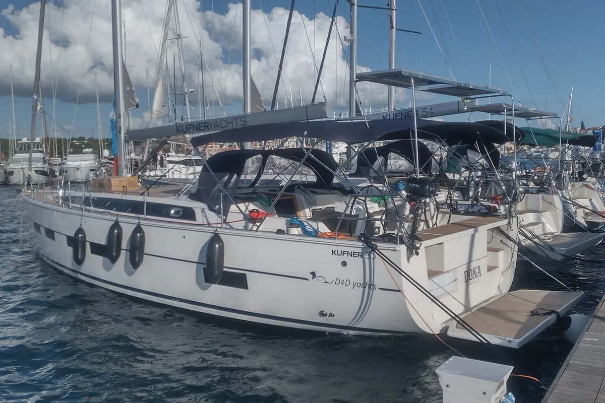 Exterior view of Dona, a D&D Kufner 50 sailboat at Punat, Croatia