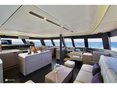 Salon of Fountaine Pajot Samana 59, a catamaran at Cannigione, Italy