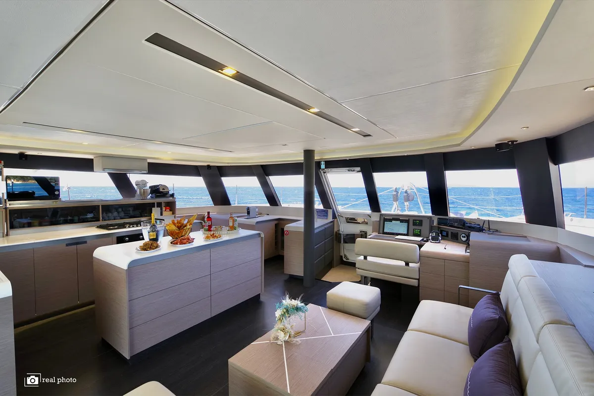 Salon of Fountaine Pajot Samana 59, a catamaran at Cannigione, Italy