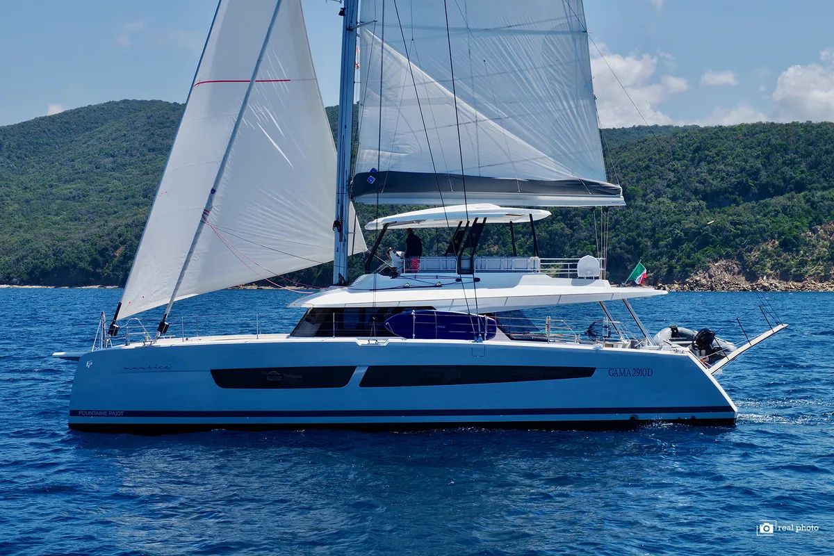 Exterior view of Fountaine Pajot Samana 59, a catamaran at Cannigione, Italy
