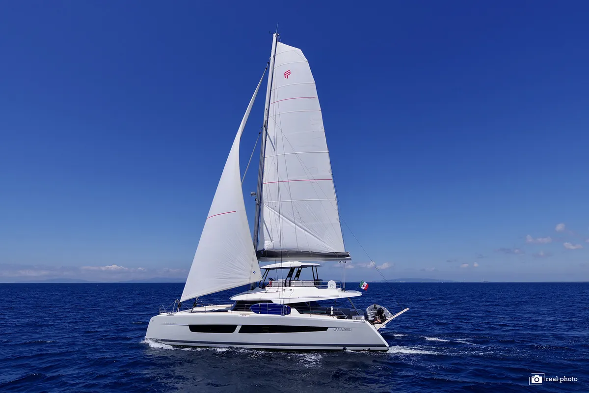 Exterior view of Fountaine Pajot Samana 59, a catamaran at Cannigione, Italy