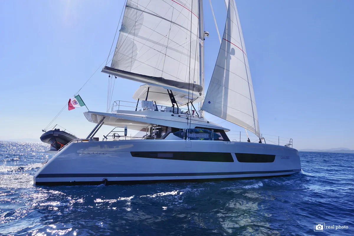 Exterior view of Fountaine Pajot Samana 59, a catamaran at Cannigione, Italy