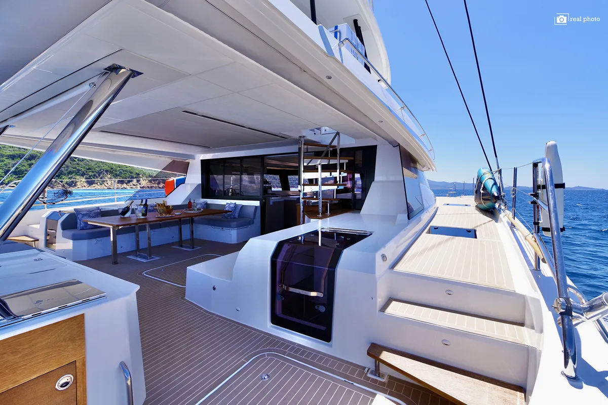 Deck of Fountaine Pajot Samana 59, a catamaran at Cannigione, Italy