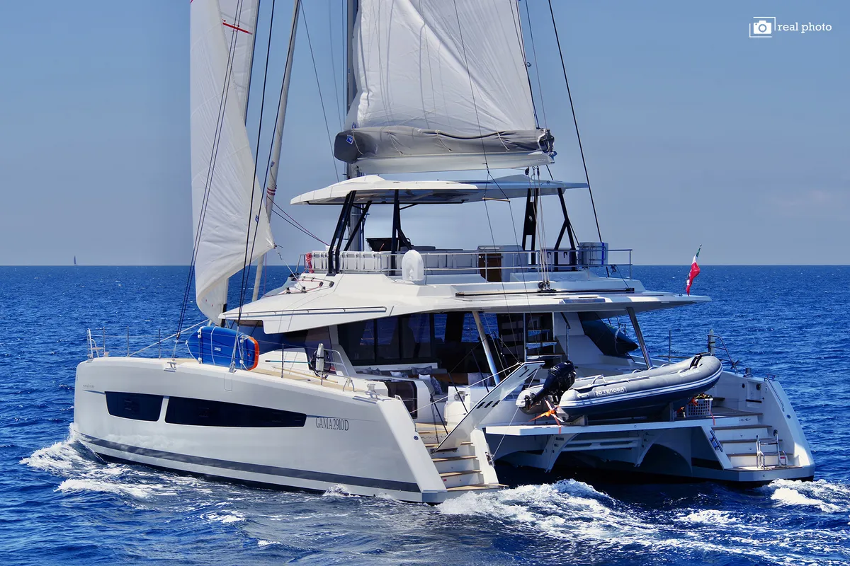 Exterior view of Fountaine Pajot Samana 59, a catamaran at Cannigione, Italy