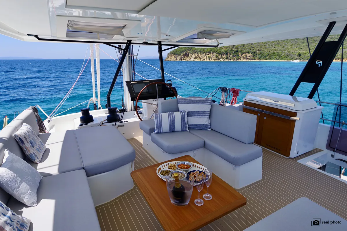Deck of Fountaine Pajot Samana 59, a catamaran at Cannigione, Italy