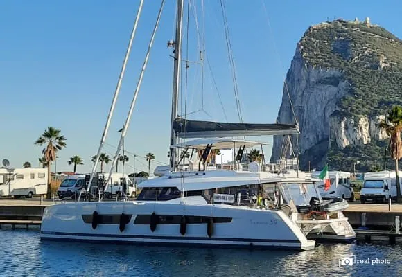 Exterior view of Fountaine Pajot Samana 59, a catamaran at Cannigione, Italy