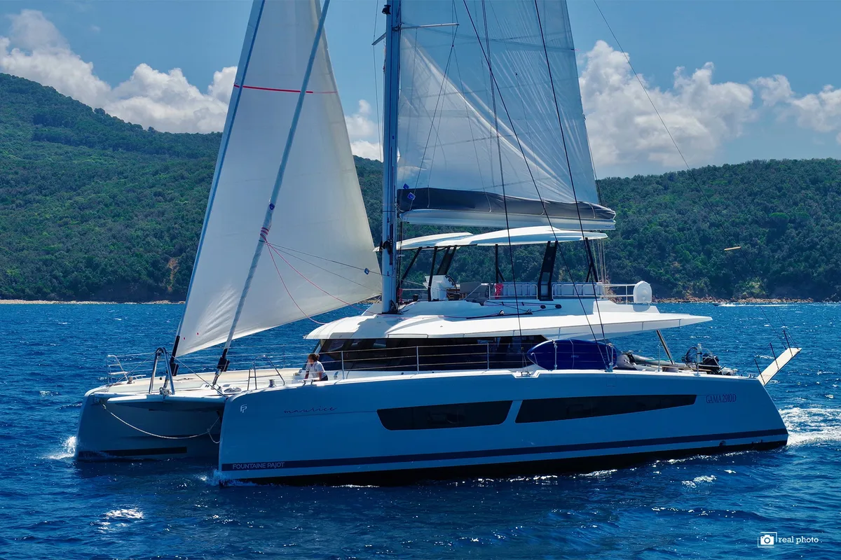 Exterior view of Fountaine Pajot Samana 59, a catamaran at Cannigione, Italy