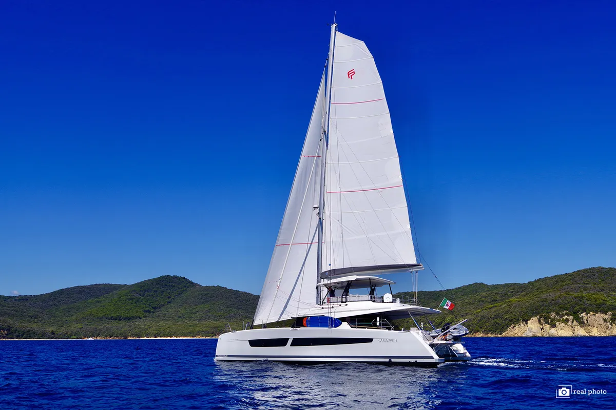 Exterior view of Fountaine Pajot Samana 59, a catamaran at Cannigione, Italy
