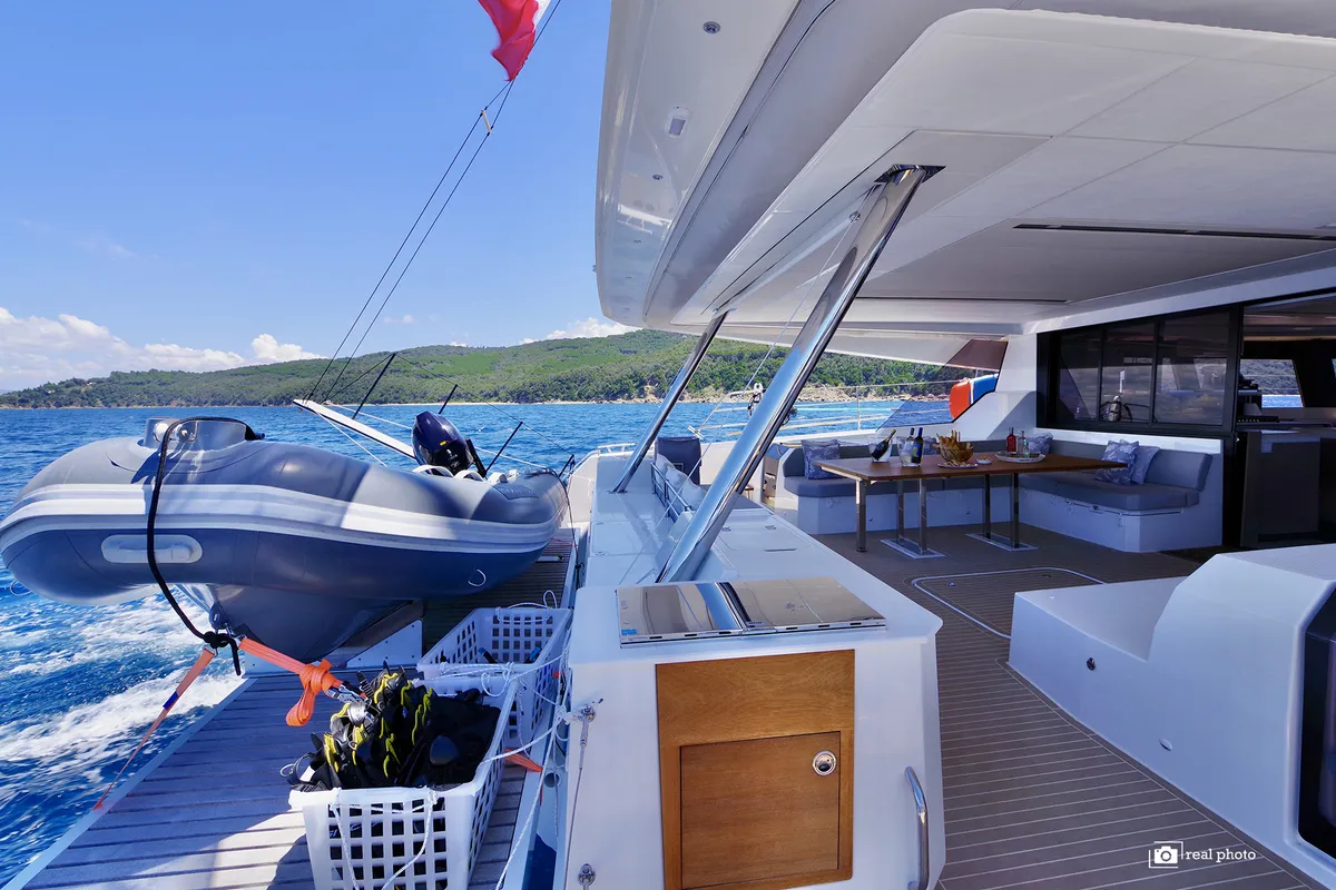 Deck of Fountaine Pajot Samana 59, a catamaran at Cannigione, Italy
