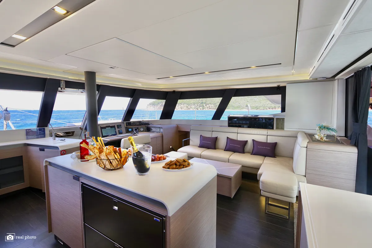 Salon of Fountaine Pajot Samana 59, a catamaran at Cannigione, Italy