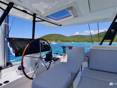 Cockpit of Fountaine Pajot Samana 59, a catamaran at Cannigione, Italy