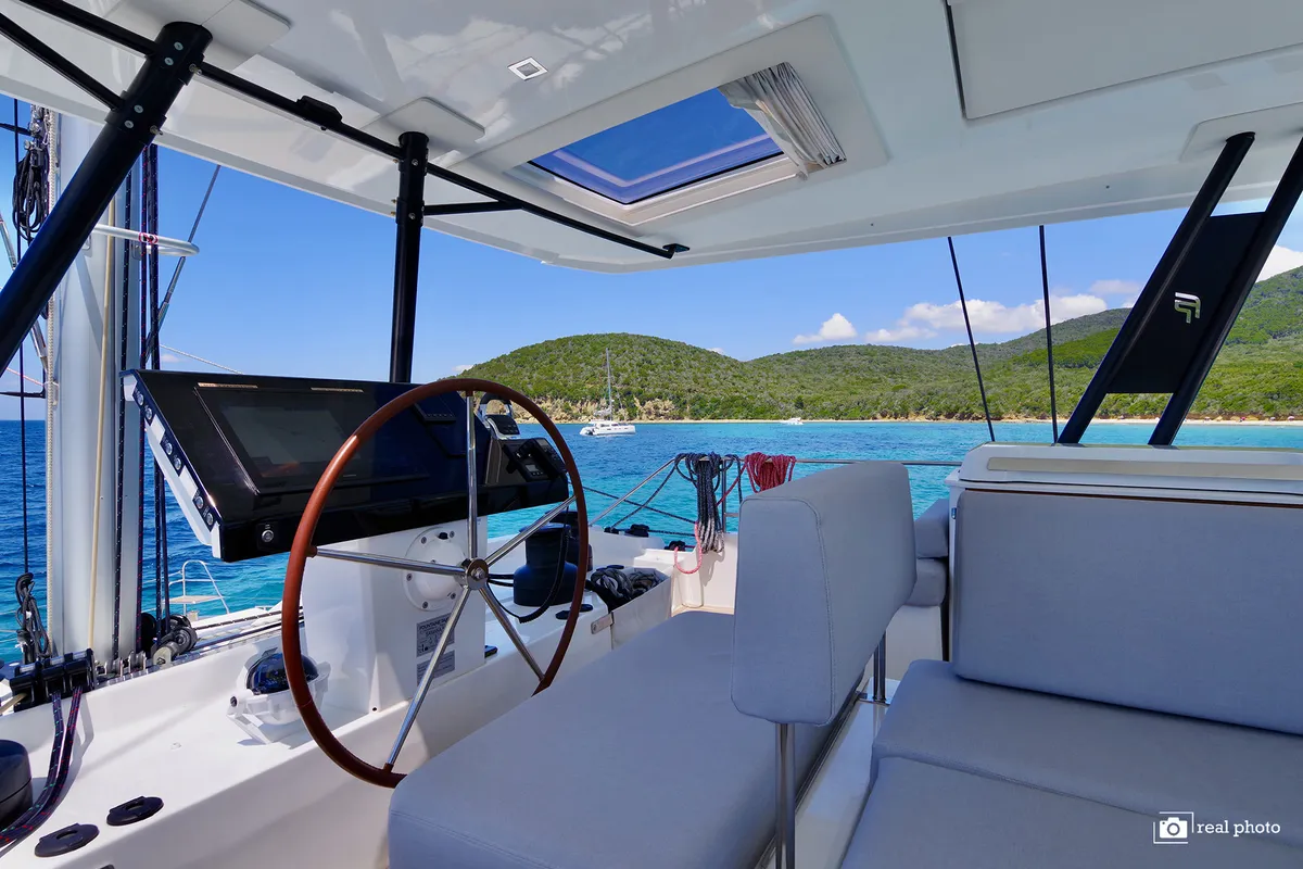 Cockpit of Fountaine Pajot Samana 59, a catamaran at Cannigione, Italy