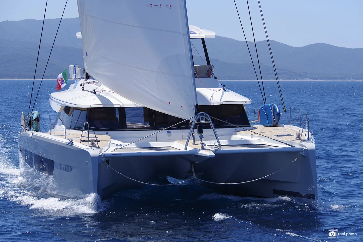 Exterior view of Fountaine Pajot Samana 59, a catamaran at Cannigione, Italy