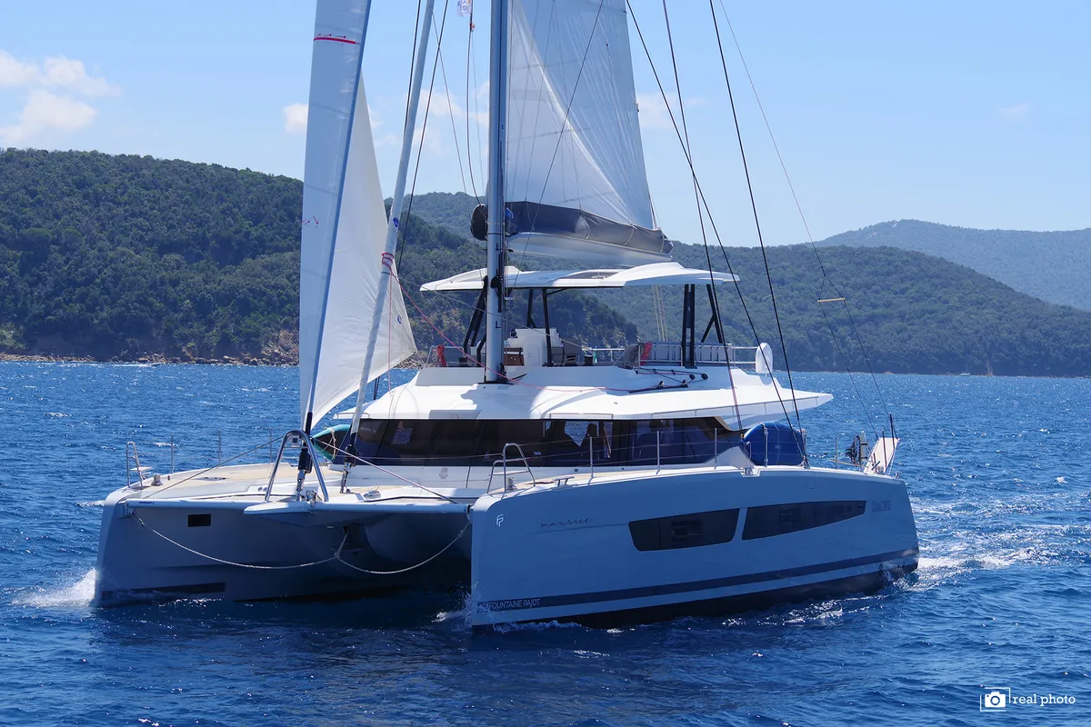 Exterior view of Fountaine Pajot Samana 59, a catamaran at Cannigione, Italy