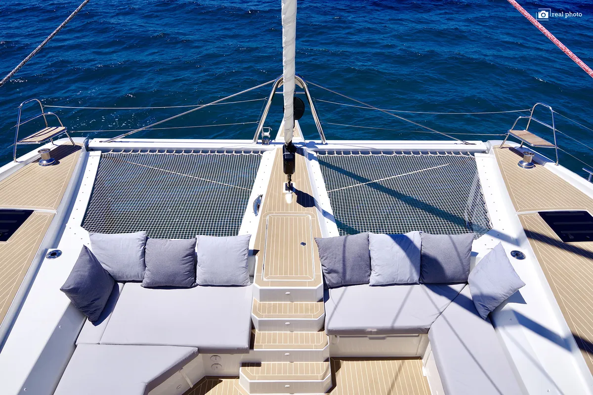 Deck of Fountaine Pajot Samana 59, a catamaran at Cannigione, Italy