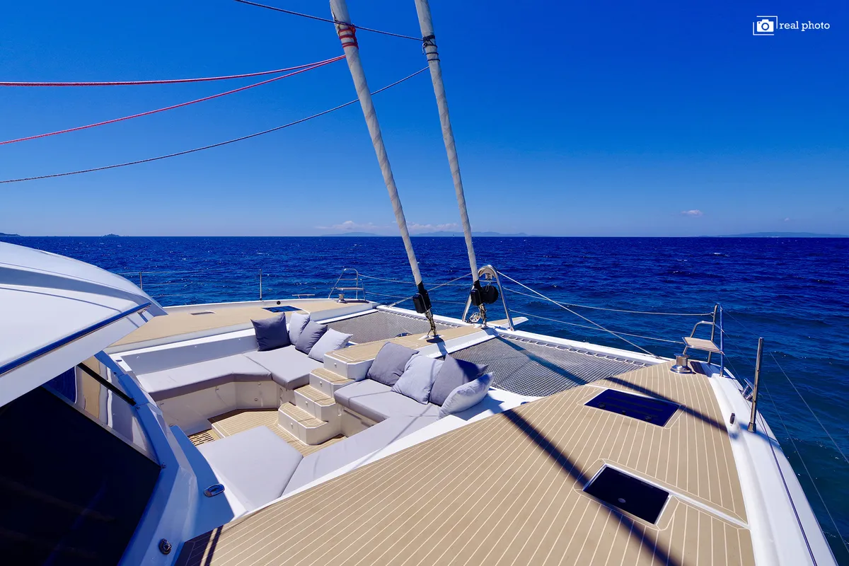 Deck of Fountaine Pajot Samana 59, a catamaran at Cannigione, Italy
