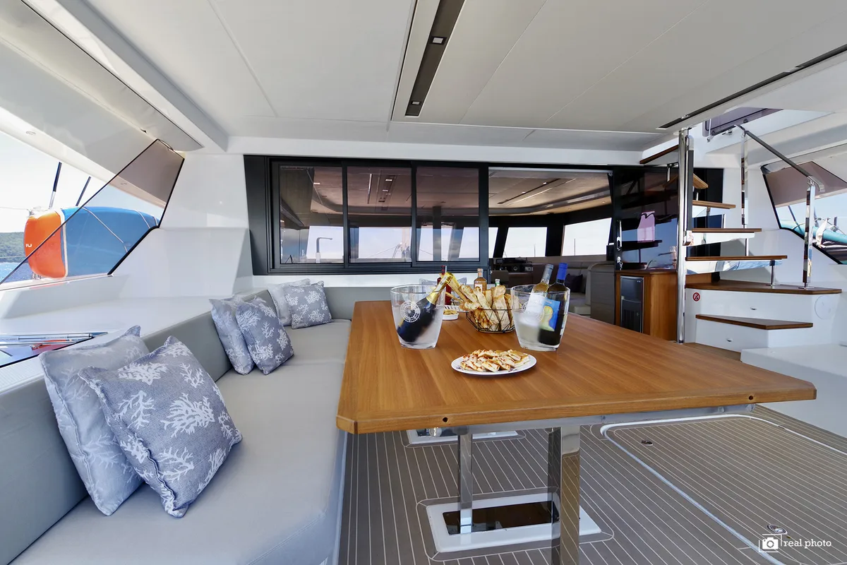 Salon of Fountaine Pajot Samana 59, a catamaran at Cannigione, Italy