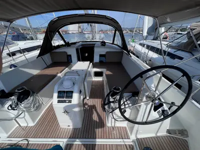 Cockpit of Elisabeth II, a Jeanneau Sun Odyssey 440 sailboat at Volos Municipality, Greece