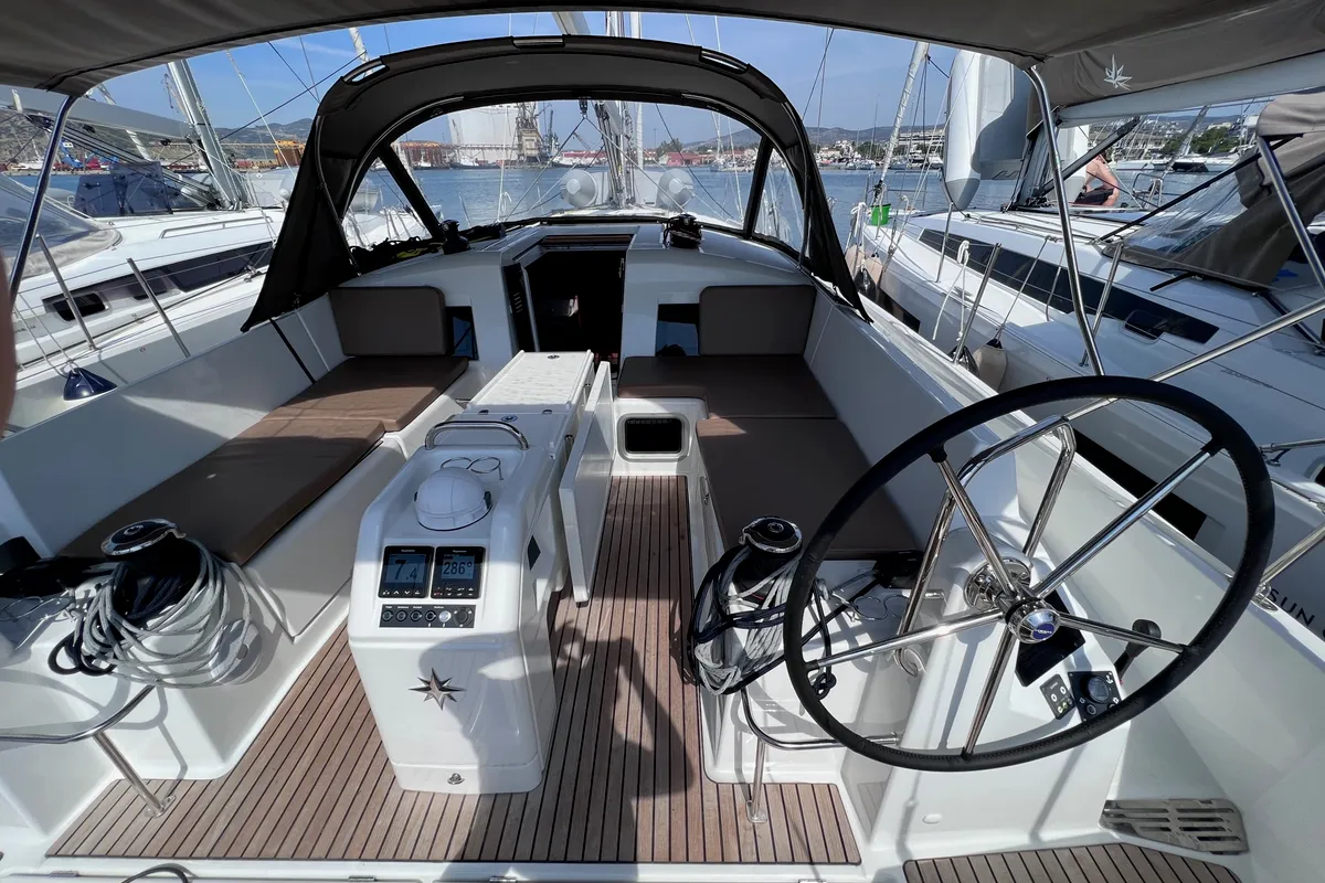 Cockpit of Elisabeth II, a Jeanneau Sun Odyssey 440 sailboat at Volos Municipality, Greece