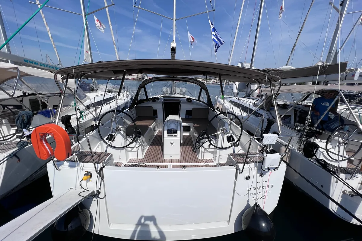 Exterior view of Elisabeth II, a Jeanneau Sun Odyssey 440 sailboat at Volos Municipality, Greece
