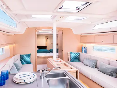 Salon of Sunsail 37.3 Premium, a Dufour 37 sailboat at Municipal Unit of Lefkada, Greece