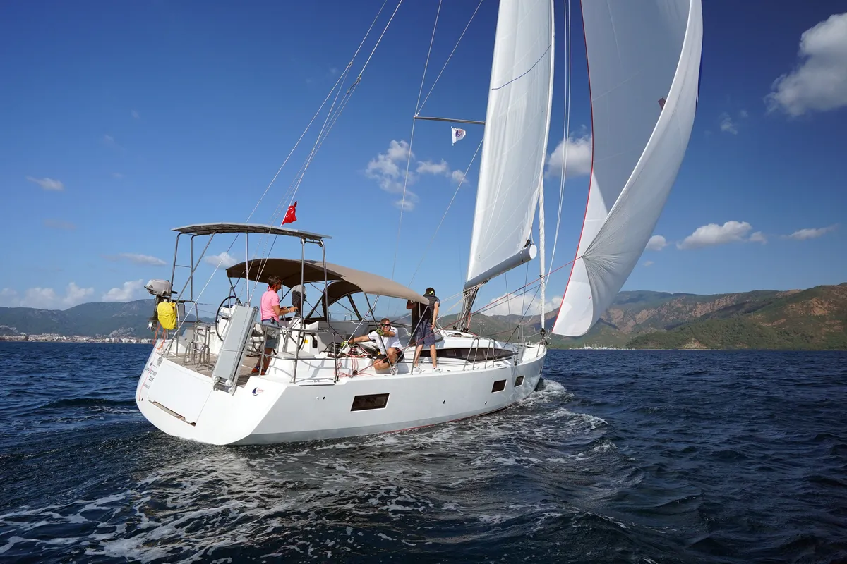Exterior view of Cappuccino Due, a Jeanneau 54 sailboat at Marmaris, Turkey