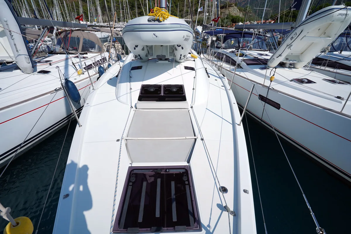 Deck of Cappuccino Due, a Jeanneau 54 sailboat at Marmaris, Turkey