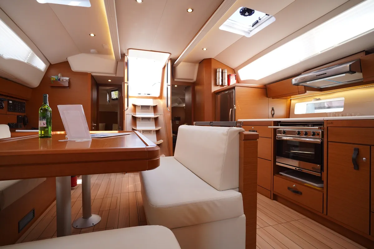 Salon of Cappuccino Due, a Jeanneau 54 sailboat at Marmaris, Turkey