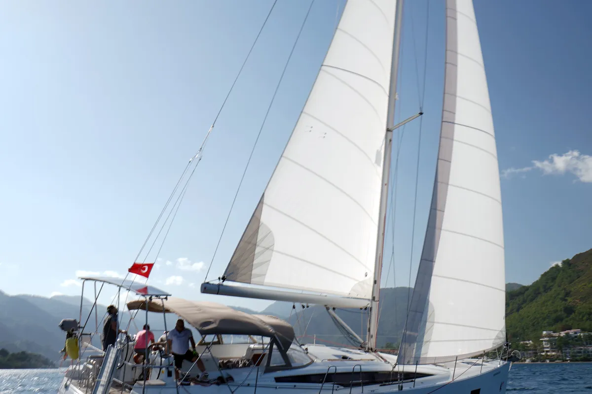 Exterior view of Cappuccino Due, a Jeanneau 54 sailboat at Marmaris, Turkey