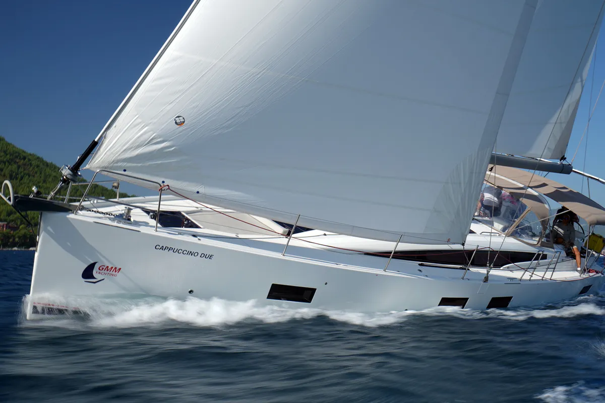 Exterior view of Cappuccino Due, a Jeanneau 54 sailboat at Marmaris, Turkey