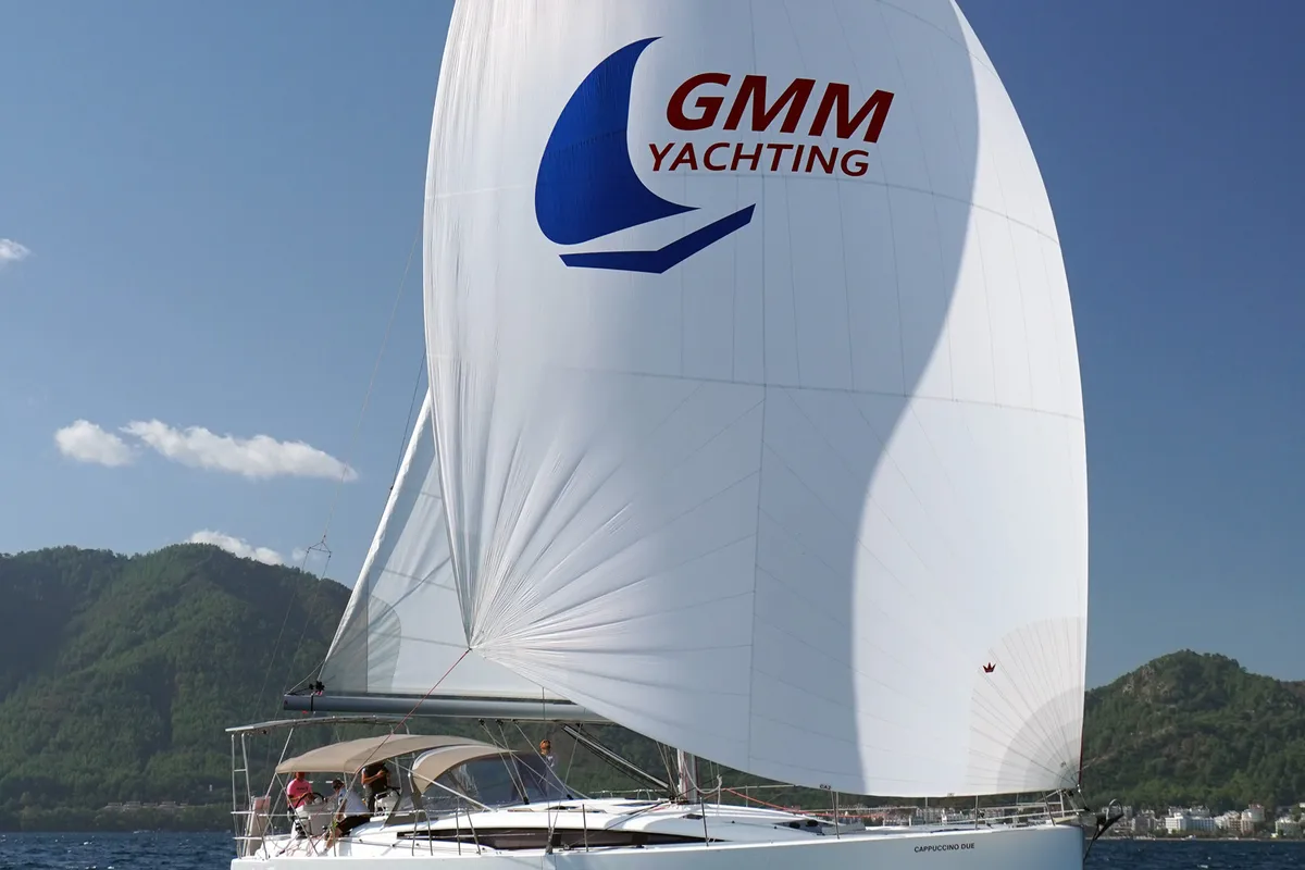Exterior view of Cappuccino Due, a Jeanneau 54 sailboat at Marmaris, Turkey