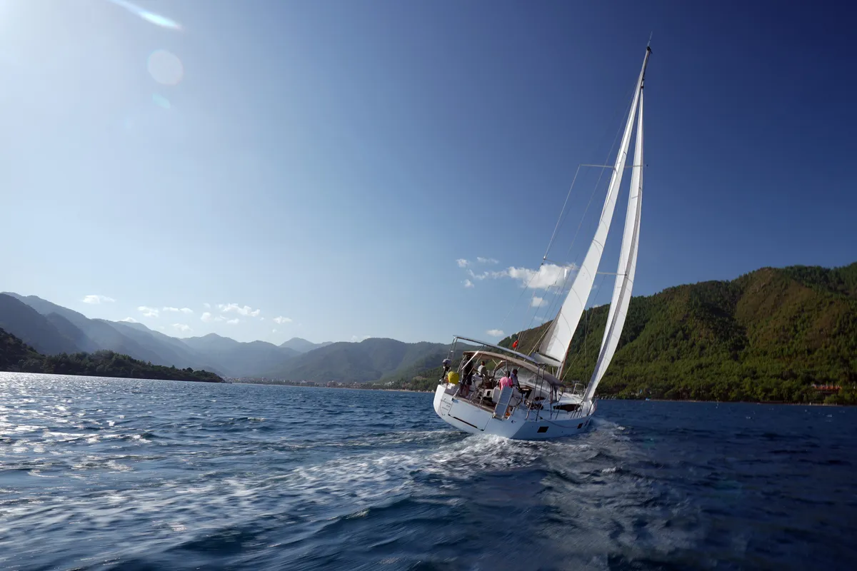 Exterior view of Cappuccino Due, a Jeanneau 54 sailboat at Marmaris, Turkey