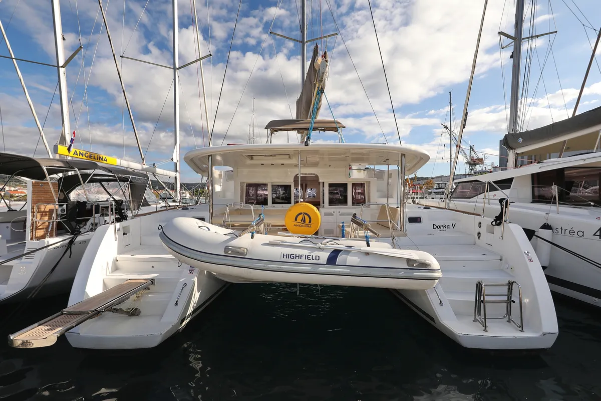 Exterior view of Dorka V, a Lagoon 450 catamaran at Grad Vodice, Croatia