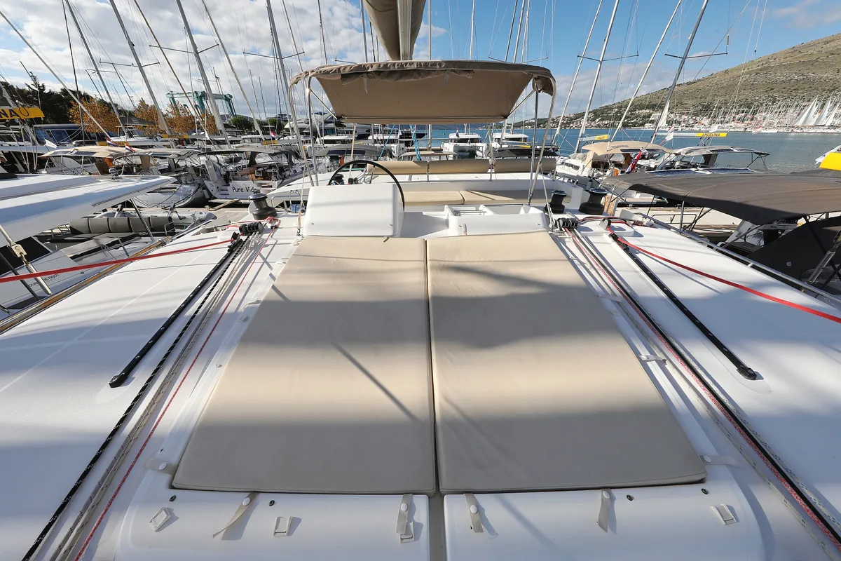 Deck of Dorka V, a Lagoon 450 catamaran at Grad Vodice, Croatia