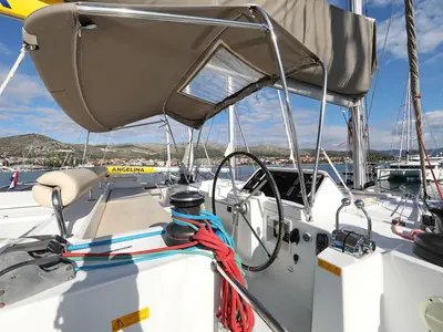 Cockpit of Dorka V, a Lagoon 450 catamaran at Grad Vodice, Croatia