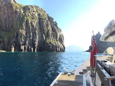 Deck of Lady Rachel, a Lagoon 620 catamaran at Procida, Italy