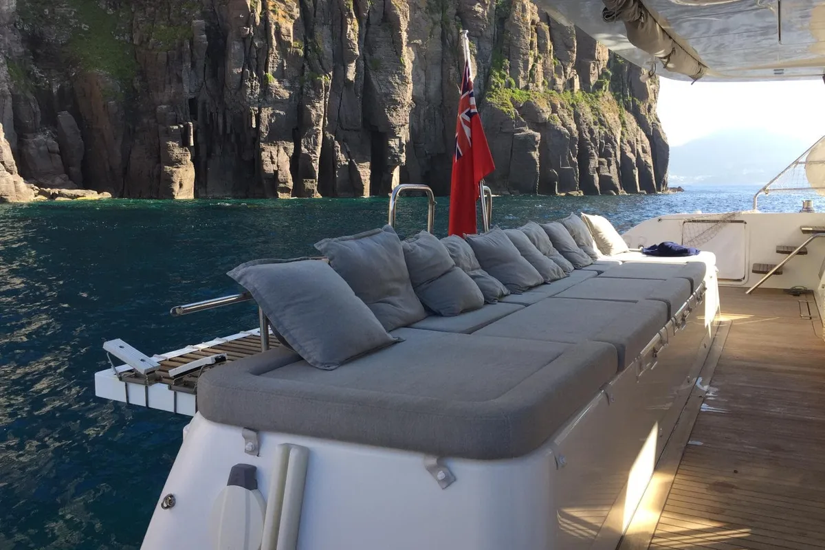 Deck of Lady Rachel, a Lagoon 620 catamaran at Procida, Italy