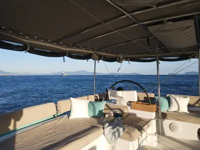 Cockpit of Lady Rachel, a Lagoon 620 catamaran at Procida, Italy