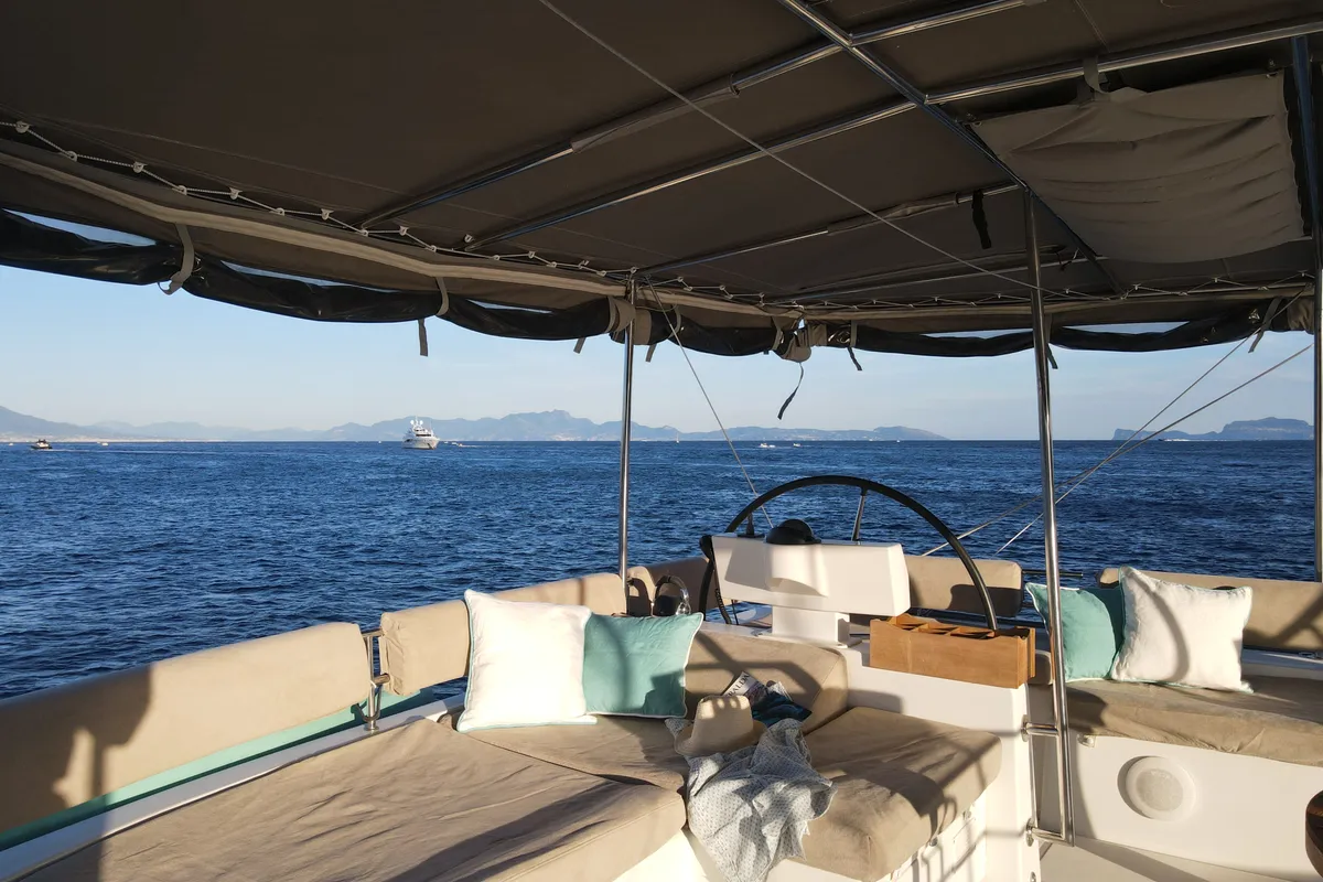 Cockpit of Lady Rachel, a Lagoon 620 catamaran at Procida, Italy