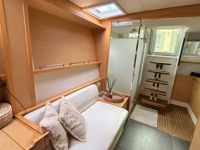 Salon of Lady Rachel, a Lagoon 620 catamaran at Procida, Italy