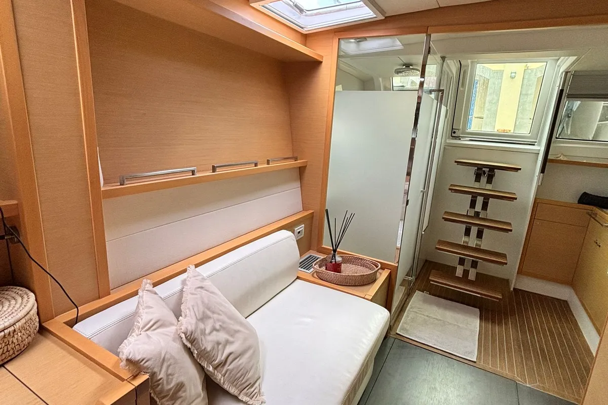 Salon of Lady Rachel, a Lagoon 620 catamaran at Procida, Italy