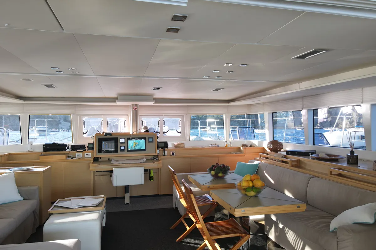 Salon of Lady Rachel, a Lagoon 620 catamaran at Procida, Italy