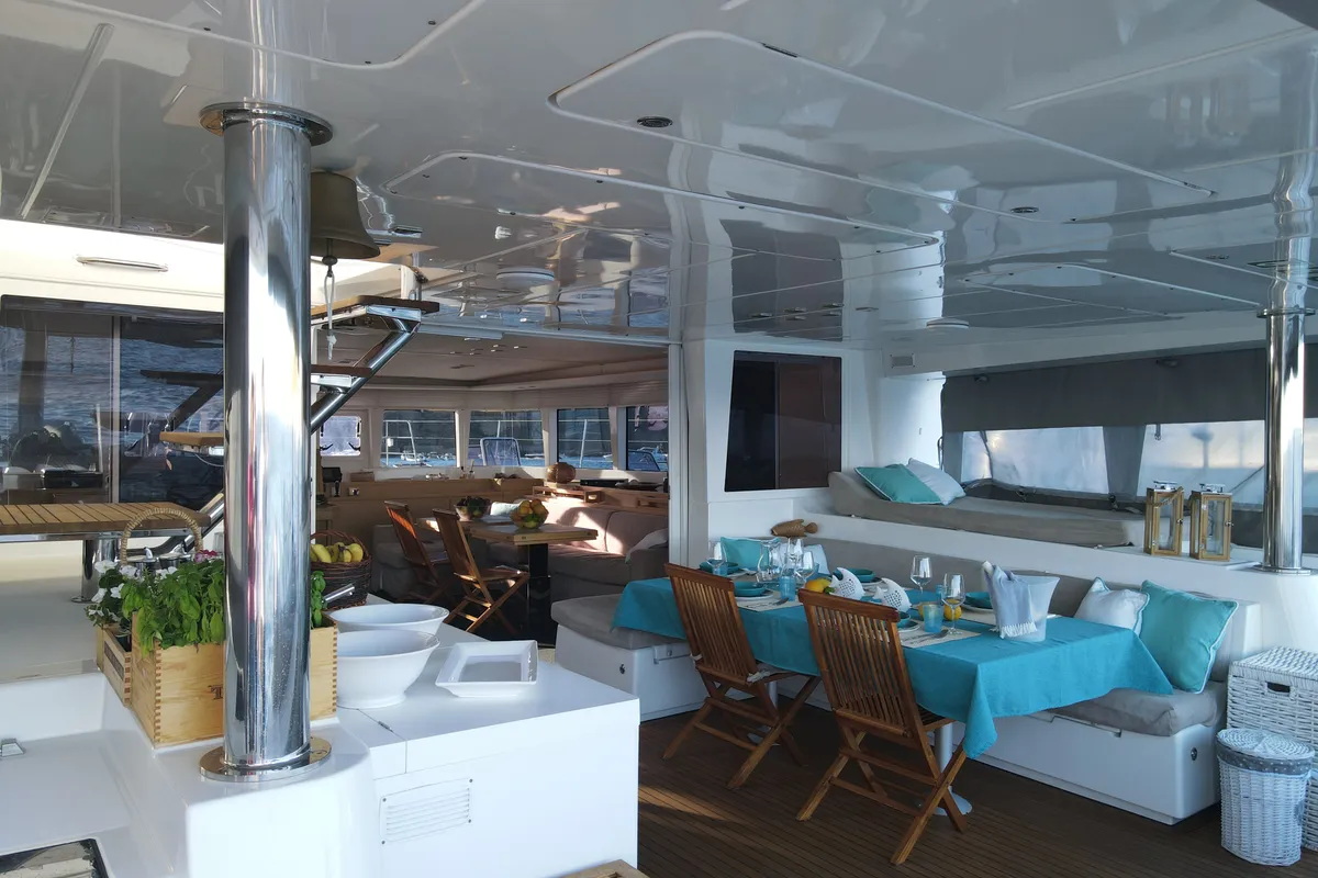 Deck of Lady Rachel, a Lagoon 620 catamaran at Procida, Italy