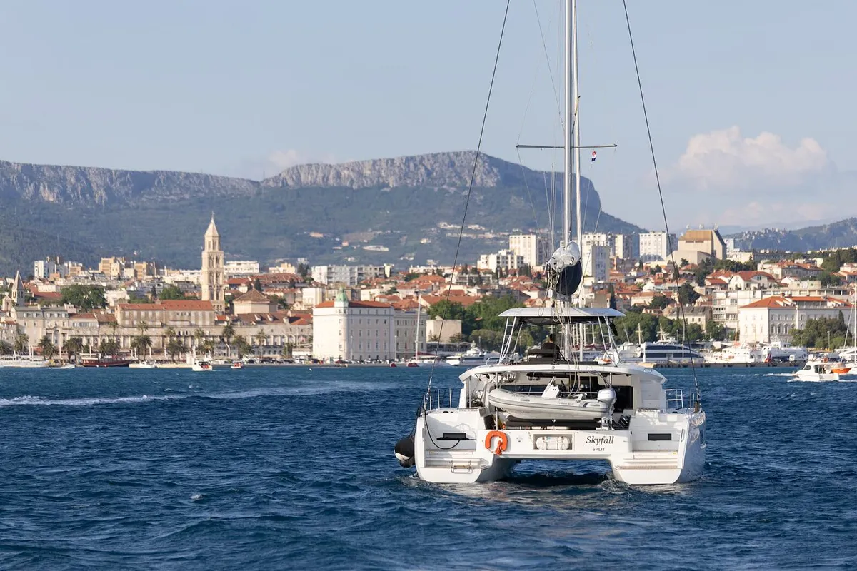 Exterior view of Skyfall, a Lagoon 46 catamaran at Split, Croatia