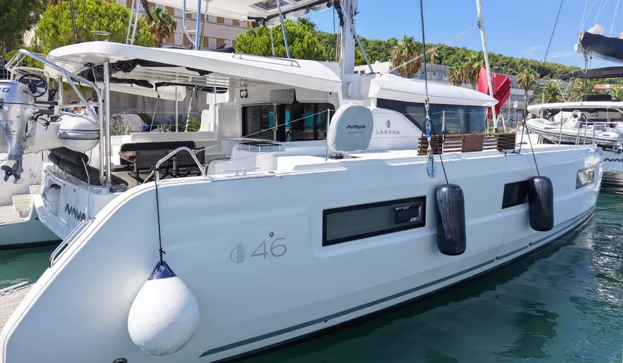 Exterior view of Skyfall, a Lagoon 46 catamaran at Split, Croatia