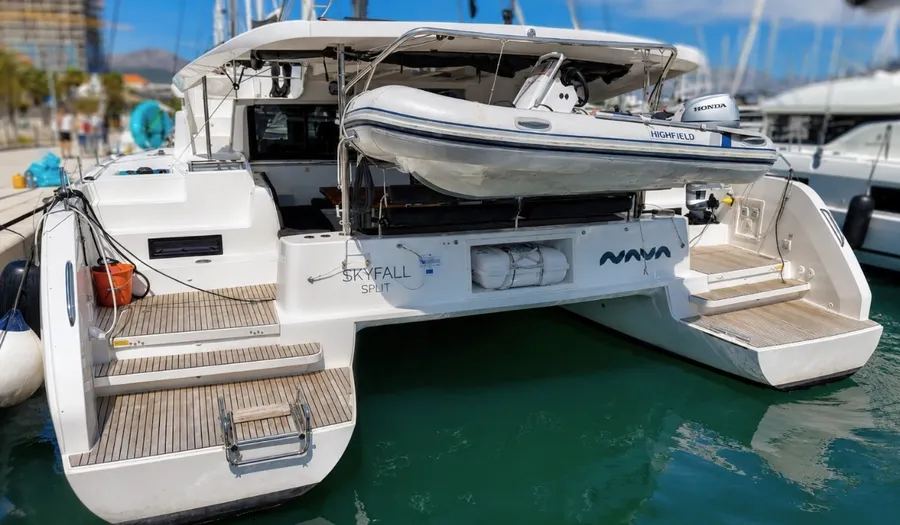 Exterior view of Skyfall, a Lagoon 46 catamaran at Split, Croatia